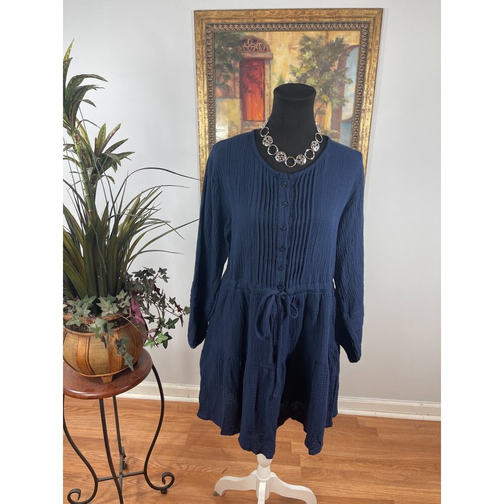 Womens Mini Dress M Navy Pintuck Tiered‎ Button Front Preppy Dark Academia Boho